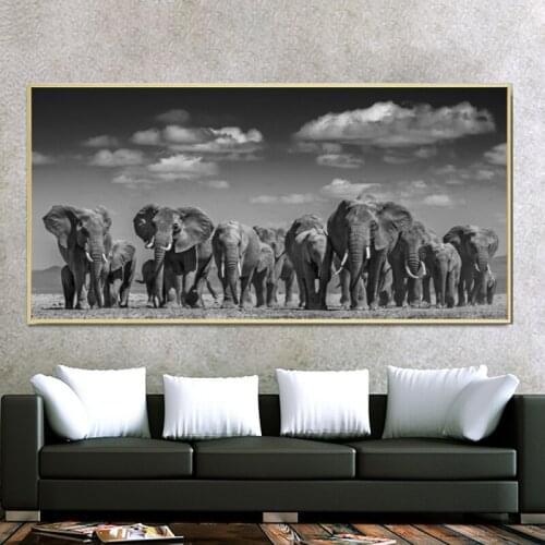 MUTU Modern Animals Posters and Prints Wall Art Canvas Painting African Elephant Herd Pictures for Living Room Decor No Frame