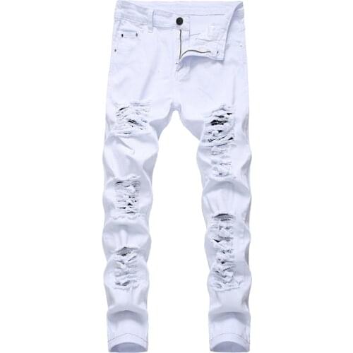 Mens Straight Hole Ripped Jeans Distressed Denim Trousers Men Jeans Fashion Casual Designer Brand White Black Red Cotton Pants