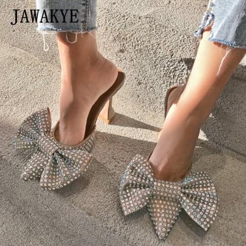 New Crystal Bowknot Mules Slippers for Women Sweet Girls Pointed Toe Goblet Heels Sandals Blingbling Party Banquet Shoes Summer