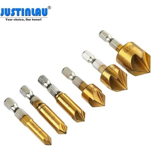 JUSTINLAU 6pcs 6mm-19mm 5 Flute Countersink Drill Bit Set 90 Degrees Counter Sink Chamfer Cutter 1/4 Inch Hex Shank