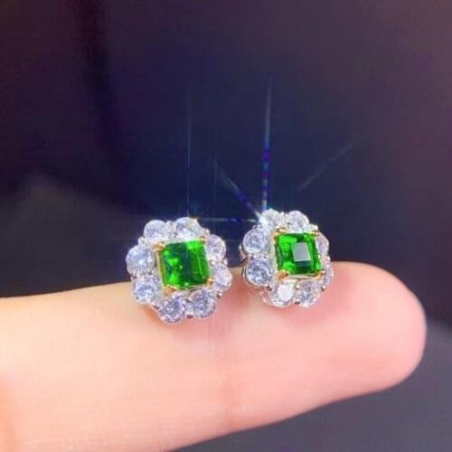 Natural green diopside stud earrings 925 silver natural gemstone earrings Lovely square flower girl party gift fine jewelry