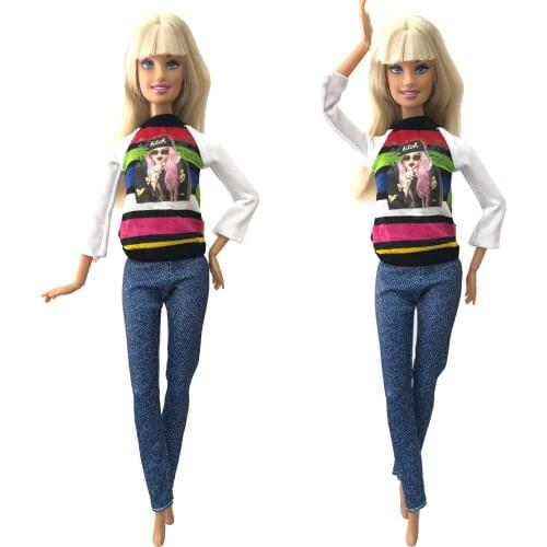 NK 1x Fashion Pattern Printing Doll Outfit Casual Daily Wear Jeans Trousers Clothes For Barbie Doll Baby Toys Girls Gift 7X