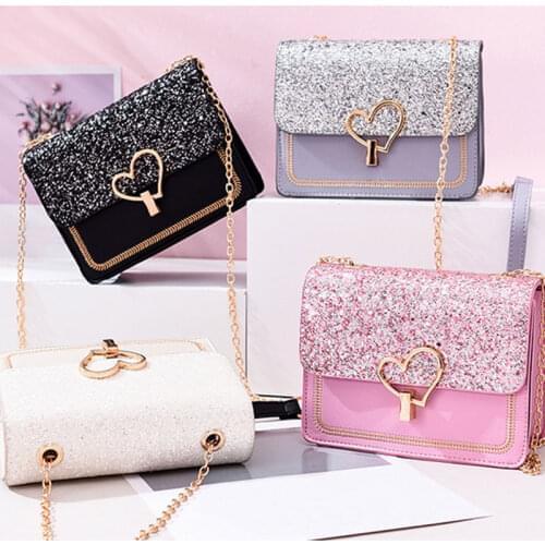 2020 New Arrival Women Bag Crossbody Bags for Women heart Buckle Handbag Glitter Sequins Chain Shoulder Bag PU Leather Handbags