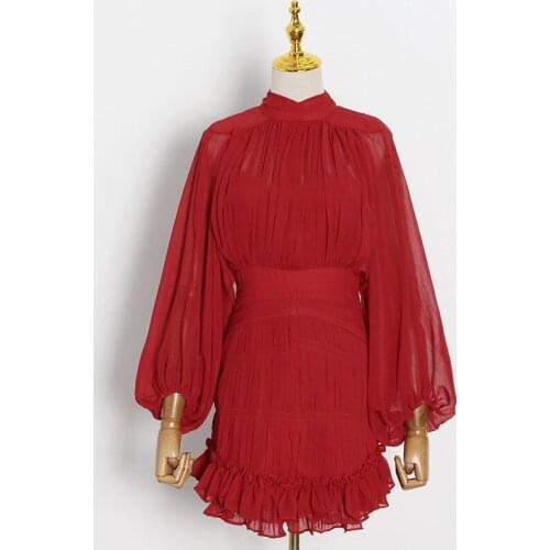 Standing New style elegant collar Lantern Sleeve leopard pattern waist slim short dress
