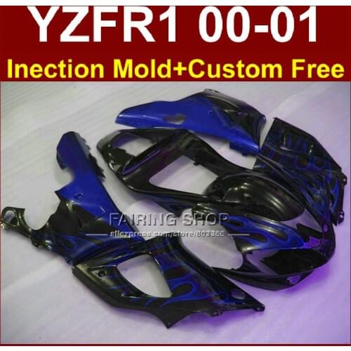 New blue flame black custom fairing for YAMAHA fairings YZF R1 00 01 YZFR1 fairings kit 2000 2001 yzf 1000 bodyworks +7gifts