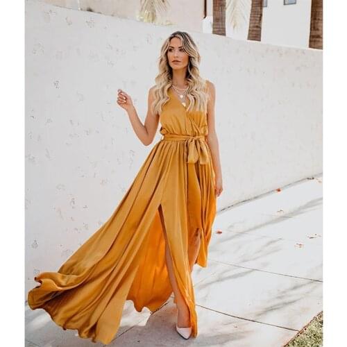 African Maxi Dresses Women High Quality Sleeveless Deep V Sexy Beach Style Slip Pleated Dress Solid Color Prom Vestidos Charming