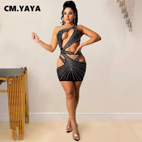 CM.YAYA Women Solid Dress Inclined Shoulder Dianmonds Slim Mini Dress Sexy Party Hollow Out Dress