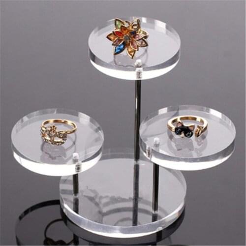 Transparent Acrylic Necklace Ring Earrings Clear Stand Rotating Three Round Thick Podium Jewelry Ring Display Stand