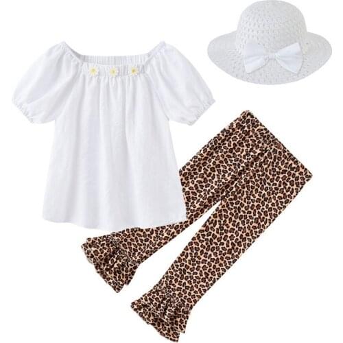 Spring/Summer Girls Baby Shirt Top Flare Pants European And American Short Sleeve Tops Leopard Print Flower Leggings With Hat