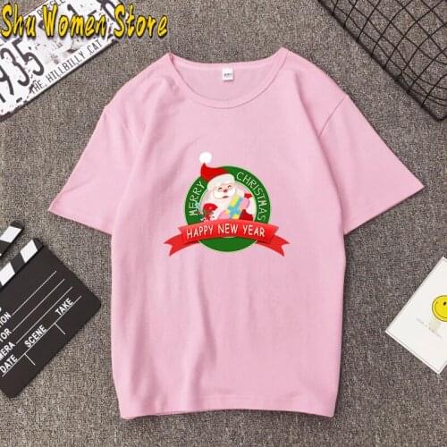 Happy New Year Christmas Fashion T-shirt Short Sleeve Harajuku Ullzang Cartoon Print T-shirt Funny Santa Claus top tee