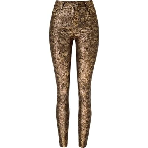 Autumn winter womens high waist gold snake pattern imitation leather PU denim feet pants fashion casual nine points jeans K180