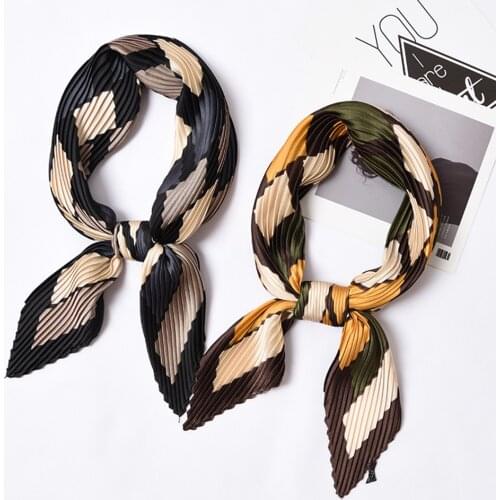 Luxury Brand Small Square Satin Scarf Pleated Silk Scarf Foulard Femme Elegant Womens Wrap Handkerchief Bandanas Accessories