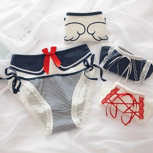 Japanese Navy Style Womens Cotton Briefs Sweet Seamless Panties For Women Stripe DIY Strings Bow Kawaii Sensual Lingerie Women
