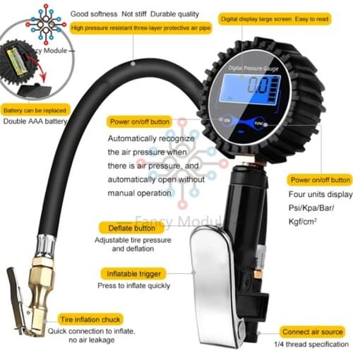 200 PSI Car Truck Air Tire Inflator with Digital Pressure Gauge Air Chuck Hose Tyre Automobile Pressure Gauge Without Battery