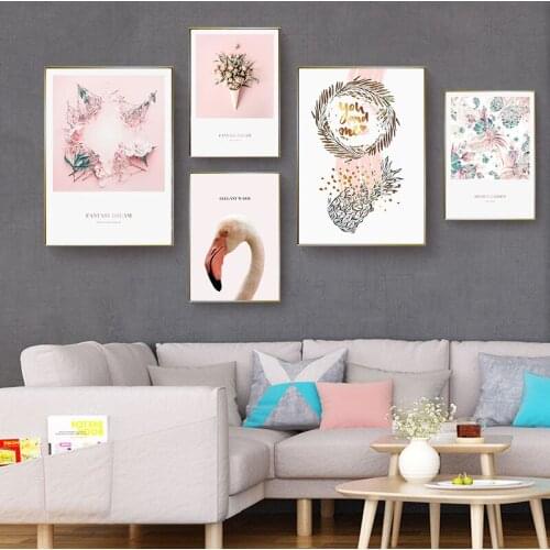 Yumeart Nordic Poster Pink Bouquet Flowers Wall Pictures For Living Room Posters And Prints Swan Animal Wall Art Canvas Painting