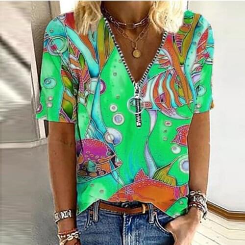 Women Short Sleeve Zipper Shirt Blouses Spring Clothes Plus Size T Shirts Bohemian Tops Summer Loose Print Blouses блузки 2021