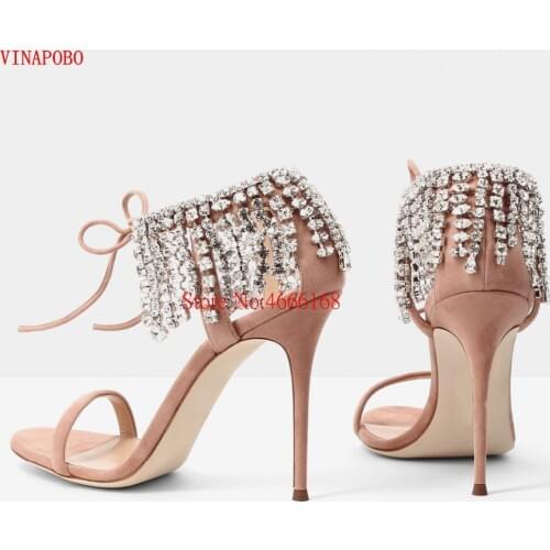 2019 Amazing Crystal Embellished Fringed Suede Slip-On Gladiator Sandals Women Open Toe Stiletto Heels Pumps Women High Heels