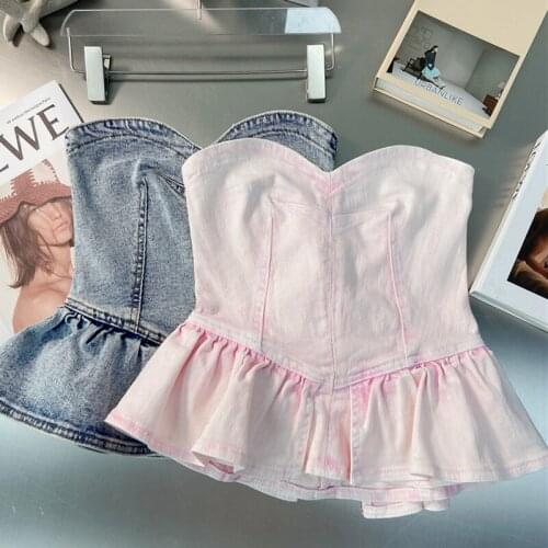 2021 Summer French Camisole Distressed Washed Denim Crop Top For Women Fashion Ruffled Sexy Tube Top Female Jean Blouse Y1431