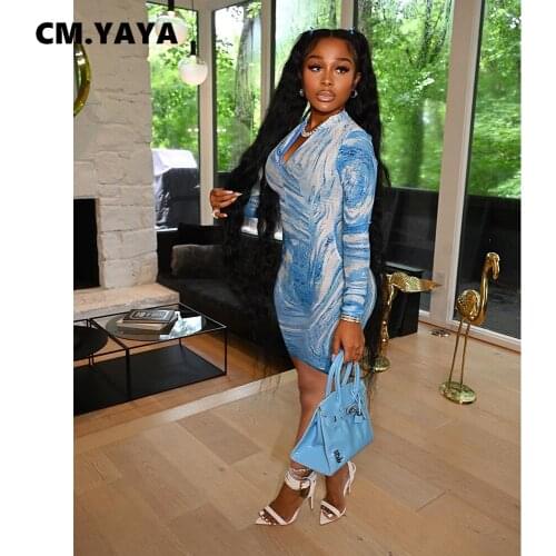 CM.YAYA Women Mini Dress Print Full Sleeve Zipper O-neck Stretchy Skinny Bodycon Dresses Sexy Fashion Vestidos Autumn Outfits