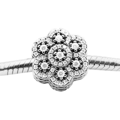 100% Real 925 Sterling Silver Crystalized Floral Beads Fits Pandora Bracelets Clear CZ Charms for Jewelry Making Gift