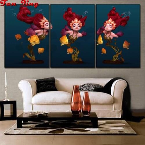 3pcs 5D DIY Diamond Painting Cartoon Mermaid Cross Stitch Full Drill Round Diamond Embroidery Diamond Mosaic Home Decor Gift