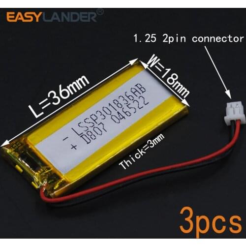 3pcs/Lot 3.7V 301836 200mAh Rechargeable li Polymer Li-ion Battery For pen MP3/MP4/Game Player bluetooth headset speaker