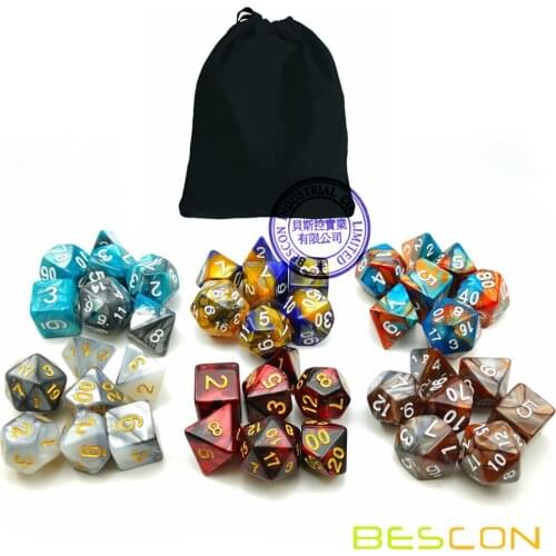 Bescon New Style 6X7 42pcs Polyhedral Dice Set, 6 Unique Shiny Two-Tone Gemini Polyhedral 7-Die Sets for RPG DND Games