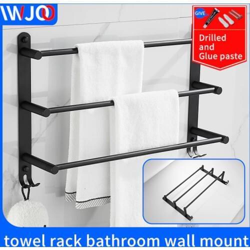 Bathroom stainless steel towel bar towel holderwall mounted screw free installation black towel holder shelfs racks with hooks