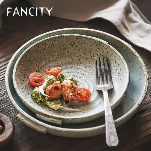 FANCITY Retro binaural plate, retro household round shallow plate, steak plate, dessert plate