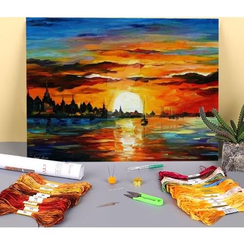 Sunrise In The Harbor Printed Canvas 11CT Cross-Stitch Full Kit Embroidery DMC Threads Handmade Craft Handicraft Stamped