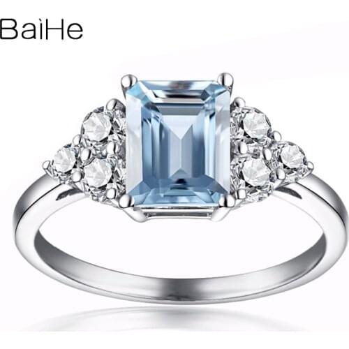 BAIHE Solid 10K White Gold 6x8m Emeral Natural Aquamarine Ring White Topaz Ring Engagement Women Fine Jewelry Ring