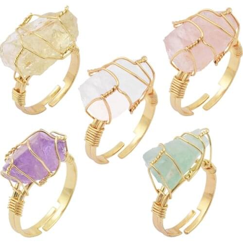 Irregular Genuine Stone Ring for Women Full Wire Wrapped Rose Quartz Fluorite Gold-color Resizable Reiki Healing Crystal Jewelry
