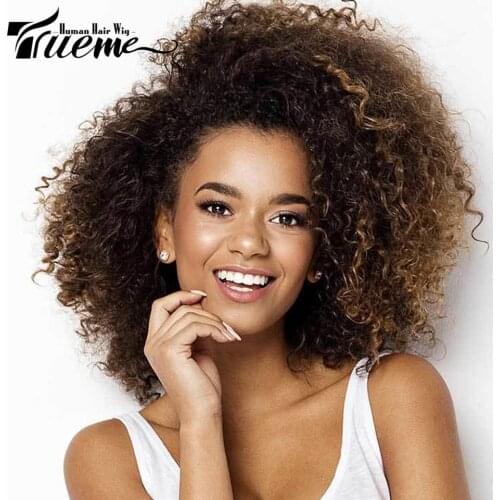 Trueme Short Kinky Curly Bob Wig Brazilan Human Hair Wigs For Black Women Ombre Highlight Pixie Cut Afro Kinky Curly Bob Wig