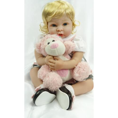 22" Soft Vinyl Blue Eyes Reborn Baby Doll Birthday Gift Doll with Blonde Short Hair Babies Playmate Accompany Sleeping Toys