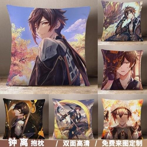 Anime Game Genshin Impact Zhongli Cartoon Square Throw Pillow Cosplay Short Plush Dakimakura Sofa Cushion Xmas Gifts 45*45cm