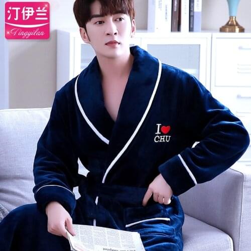Soft Flannel Coral Fleece Mens Warm Full Sleeve Super Long Bath Robe Male Kimono Bathrobe Dressing Gown Robes for Autumn Winter