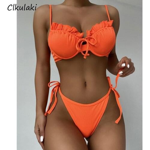 2021 New Ruffle Bikini Solid Color Swimsuit Women Sexy Bra underwire Lace Swimwear Push Up Bikini set Summer Swim Bathing Suits