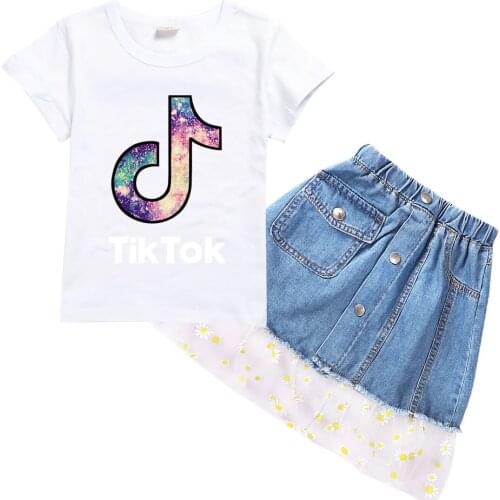 Tik Tok Fashion Casual Summer Hot Sale Boys and Girls Childrens Short Sleeve Cartoon T-shirt Top + dress 2pcs Set