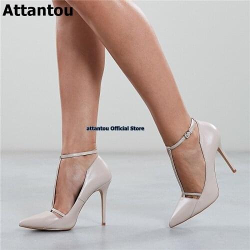 Nude Leather T-strap Pumps Women Thin Stiletto Heeled Pointed Toe T-bar Dress Shoes Ankle Buckle Straps Wedding Party Shoes