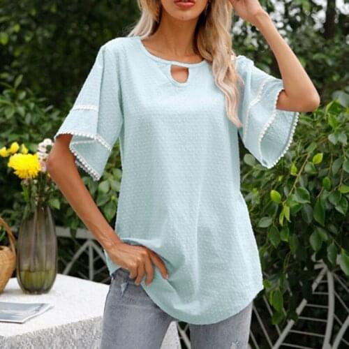 Womens T-Shirt Shirt Splicing Top Jacket Short-Sleeved Round Neck Speaker Sleeve Solid Color