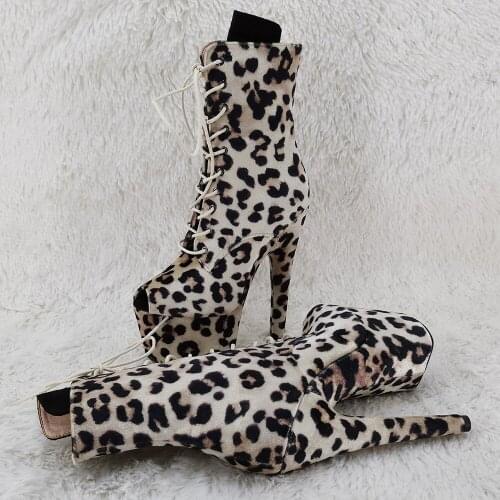 Leecabe 17CM/7inches ankle boots leopard upper open toe platform party shoes Pole Dance boot