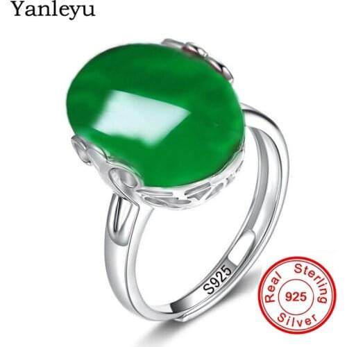 Yanleyu Real Solid 925 Sterling Silver Ring Adjustable Size Open Ring Green Gem Stone Wedding Engagement Rings for Women PR080
