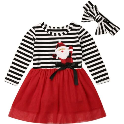 1-6Y Christmas Girls Dress Toddler Kid Baby Girls Xmas Clothes Long Sleeve Striped Santa Tutu Party Dresses For Girls
