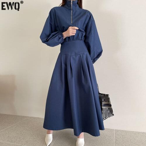 [EWQ] Womens Fashion Autumn 2021 New Stand Collar Waist Long Puff Sleeve Mid-calf Solid Color Dresses Female Tide 5E2959