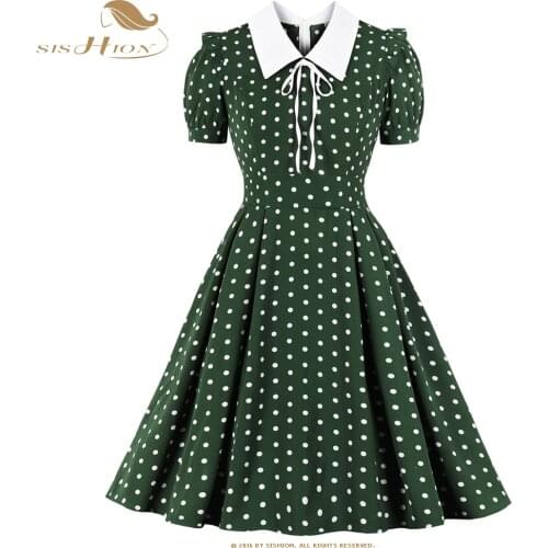 SISHION Vintage Style Green Polka Dots Women Dress VD1560 Retro 50s 60s Ladies Party Dress Short Sleeve A Line Elegant Dress