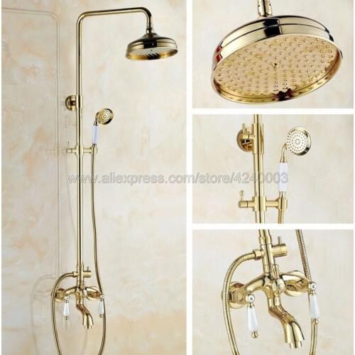 Golden 8" Rainfall Round Showerhead Bathroom Shower Mixer Taps Wall Mount Tub Shower Faucet with Handshower Kgf431