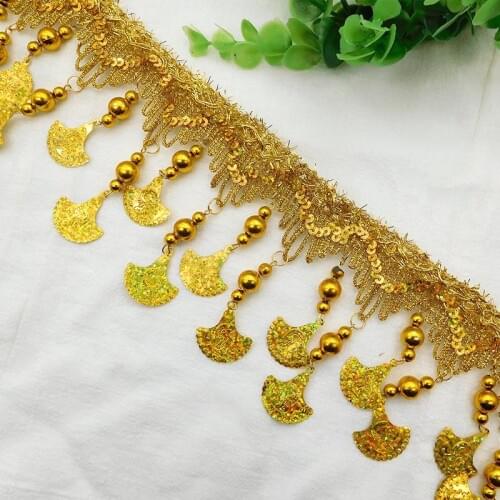 Gold Sequins Beaded Tassel Ribbon Lce Trim Fringe Lace Fabric For Dress Clothing Sewing Garment Accessories Decoration Crafts