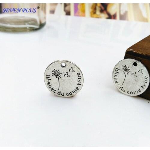 High Quality 20 Pieces/Lot Diameter 20mm Double-sided Wishes do Come True Cute Words Wish Charm Pendant Dandelion Alloy Charms