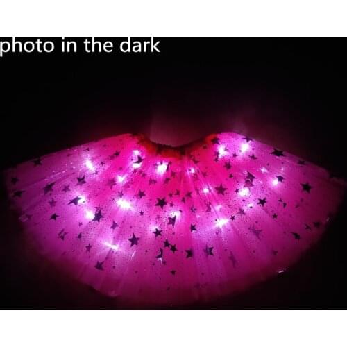 2021 New Mesh Ribbon Light-emitting LED Childrens Skirt Stage Dance Performance Festival Party Big Star Print Rose Red