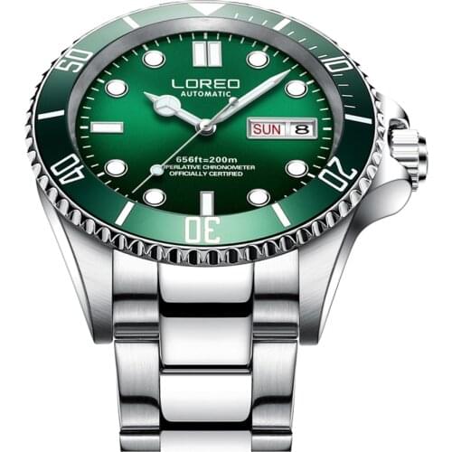 LOREO 200M Waterproof Mechanical Watch Men 316L Stainless steel Double Calendar Green Watches Luminous Diving Automatic Watch